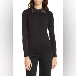 Ted Baker Azaleo Embellished Collar Navy Sweater with Floral Collar Sz 1 (US 4)